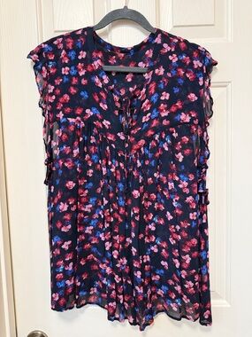 Lucky Brand Navy Floral Tie-Front Sleeveless Blouse